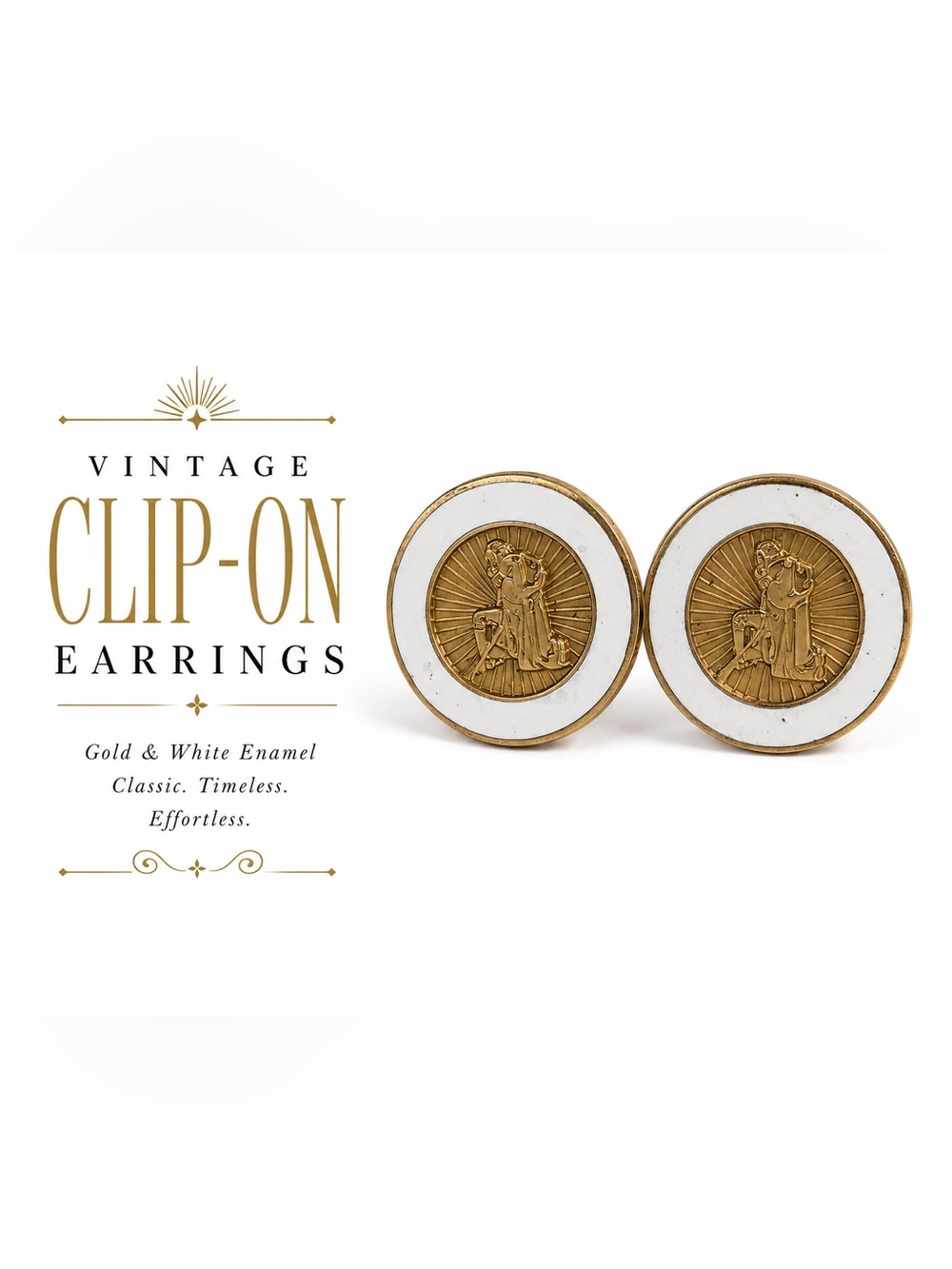 Vintage Gold Tone White Enamel Clip-On Earrings | Classical Goddess Medallion